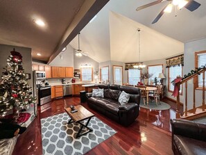 Smart TV, fireplace, video games, DVD player