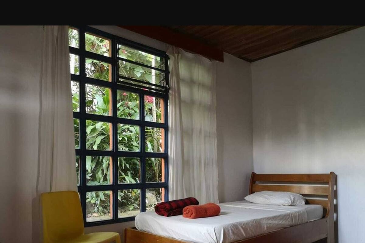 A single bed with a wooden headboard, a yellow chair, and a window with a view of greenery.