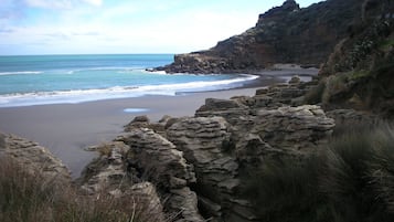 On the beach, sun loungers