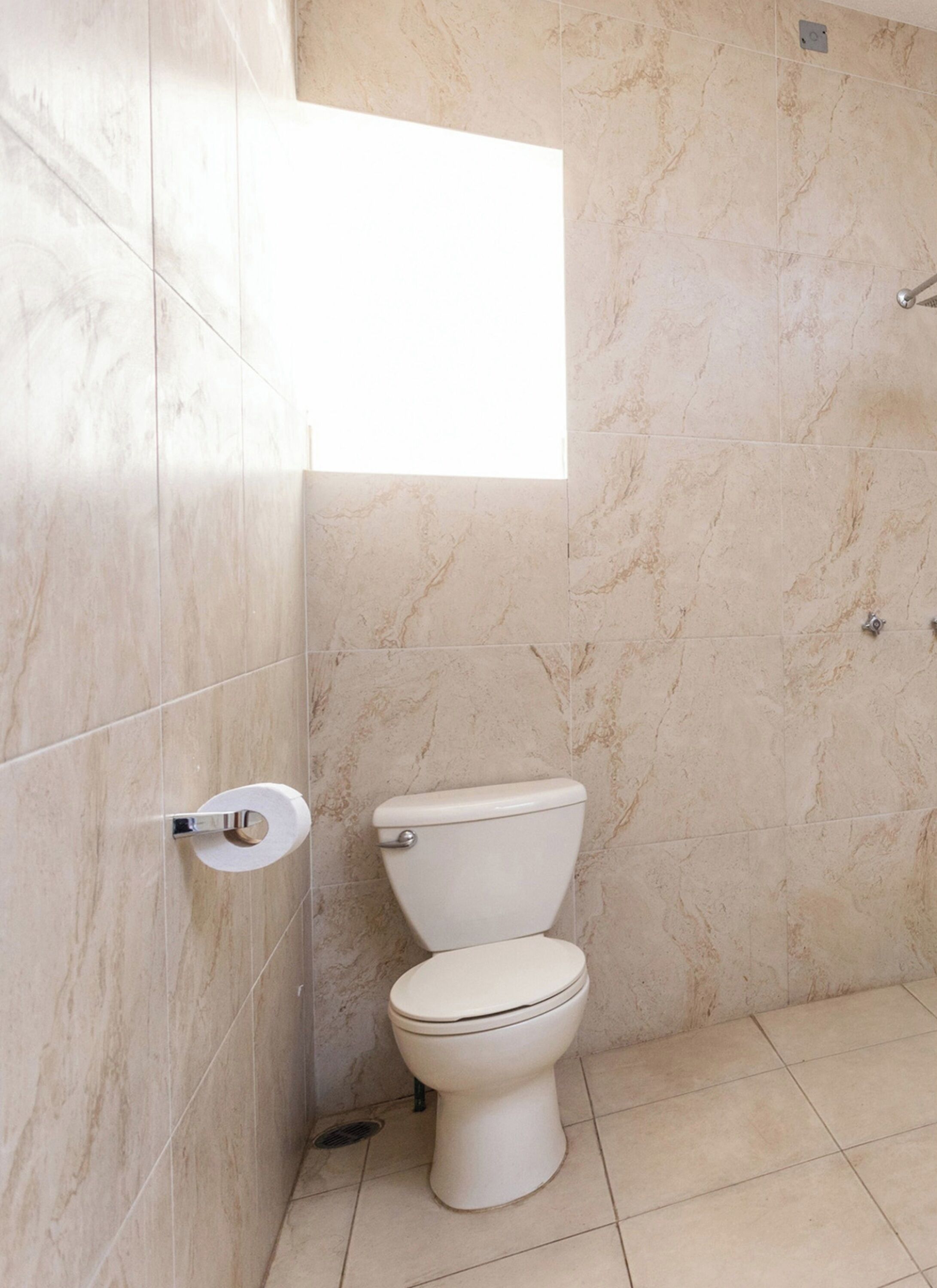 A bathroom with a toilet, a shower, and a marble-tiled wall.