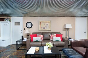 Smart TV, fireplace, DVD player, books