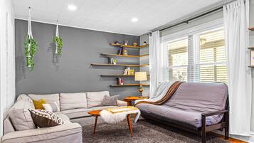 Smart TV, fireplace, books