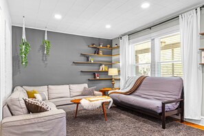 Smart TV, fireplace, books