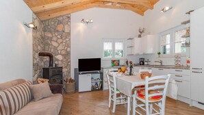 A cozy living room with a stone wall, a fireplace, a television, and a dining area with a table and chairs. - Amazing home in Klenovica (Klenovica)