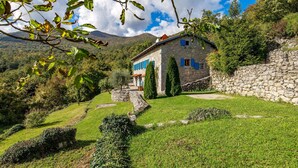 Una casa de piedra con un muro de piedra, una escalera de piedra y un patio cubierto de césped y arbustos.