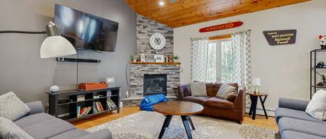 Televisión, chimenea, libros