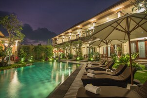 Outdoor pool, pool umbrellas, pool loungers