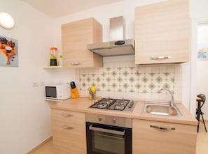 Fridge, microwave, oven, cookware/dishes/utensils