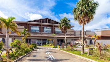 A modern building with a tiled entrance, palm trees, and a clear sky.