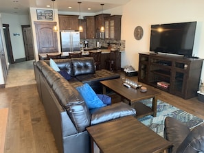 Smart TV, fireplace, books