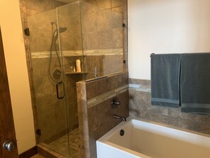 Combined shower/tub, jetted tub, hair dryer, towels