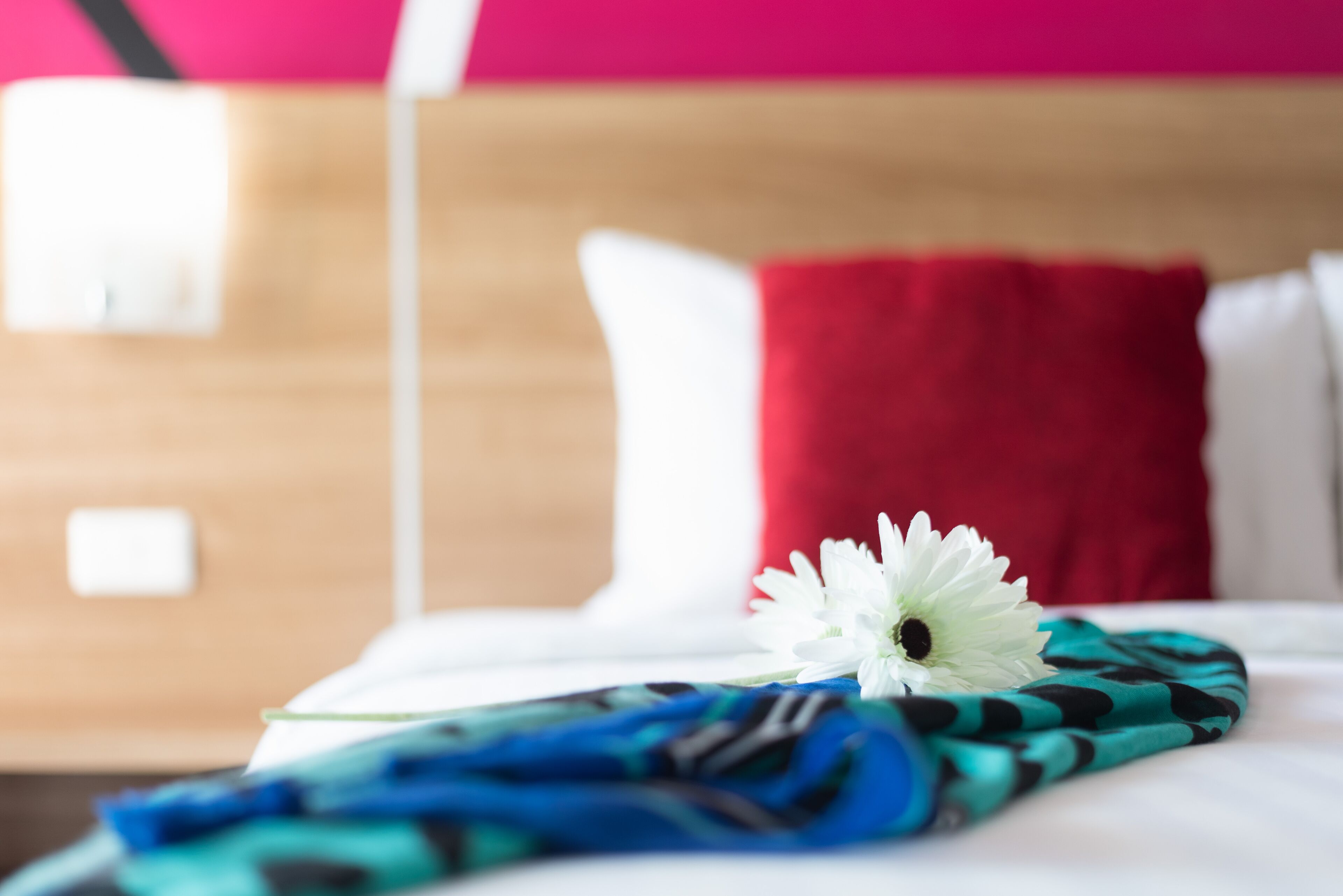 A bed with a white pillow, a red pillow, and a white flower on a blue and green patterned blanket.