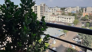 A balcony with a potted plant, overlooking a cityscape with buildings and a clear sky.
