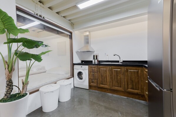 A compact kitchen with a washing machine, wooden cabinets, and a large plant.