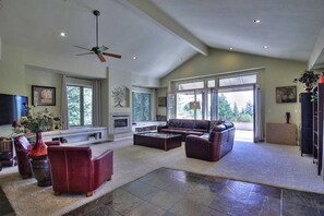 Smart TV, fireplace, books, music library