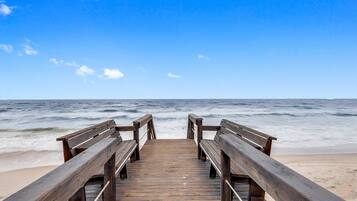 On the beach, sun loungers, beach umbrellas, beach towels