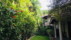 A lush garden with a pathway leading to a building with a balcony. - Hotel Sunflower (Kataragama)