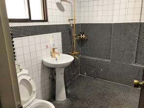 Shower, free toiletries, hair dryer, slippers