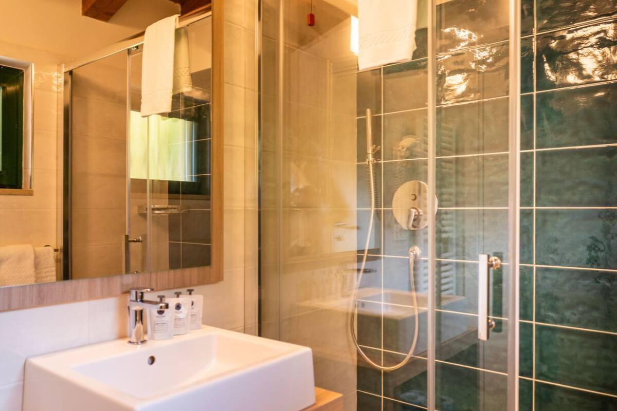 deluxe apartment, 1 bedroom, lake view, lakeside (pet friendly) | bathroom | shower, hair dryer, towels