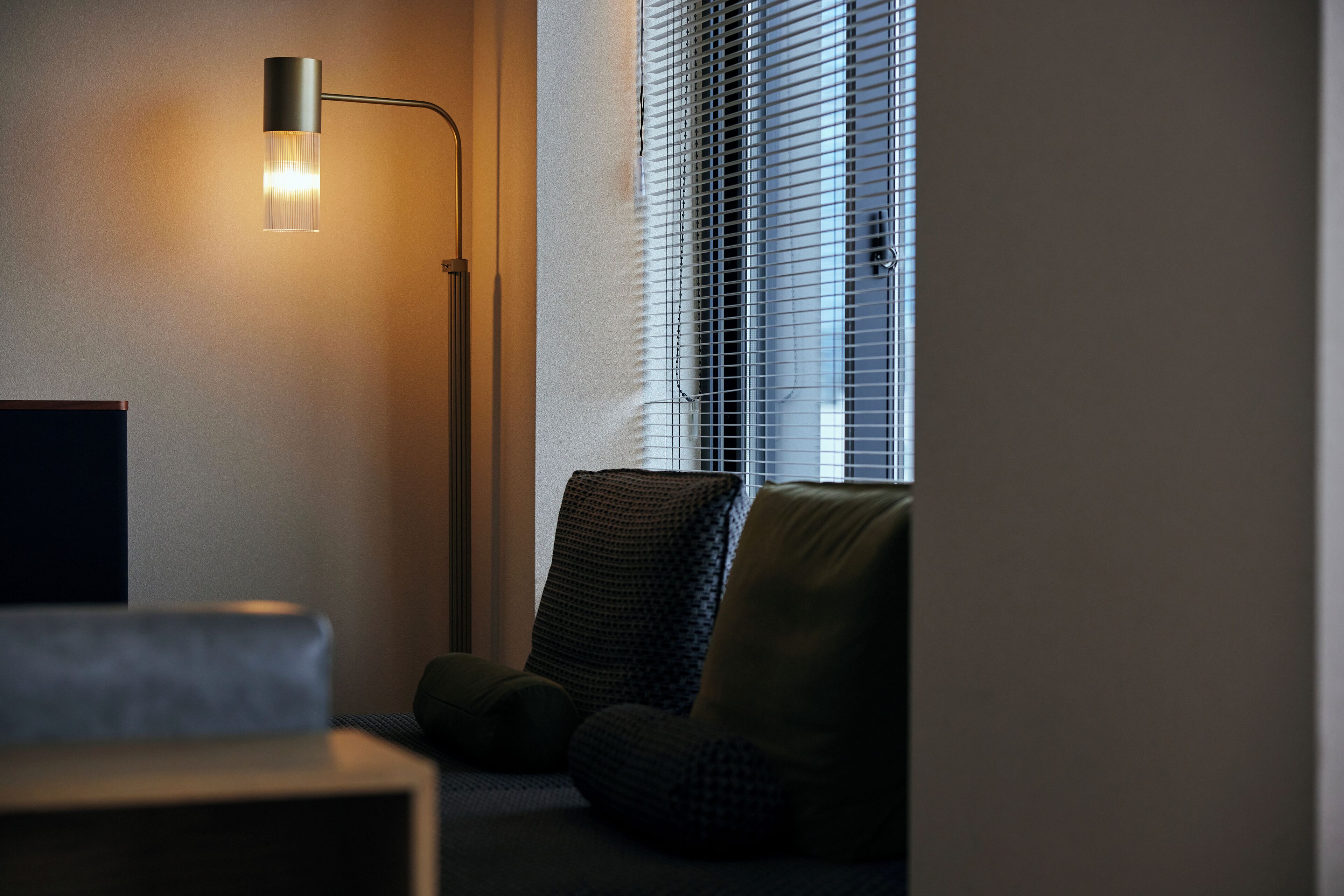 Una habitación con una lámpara de pie, un sofá y una ventana con persianas.