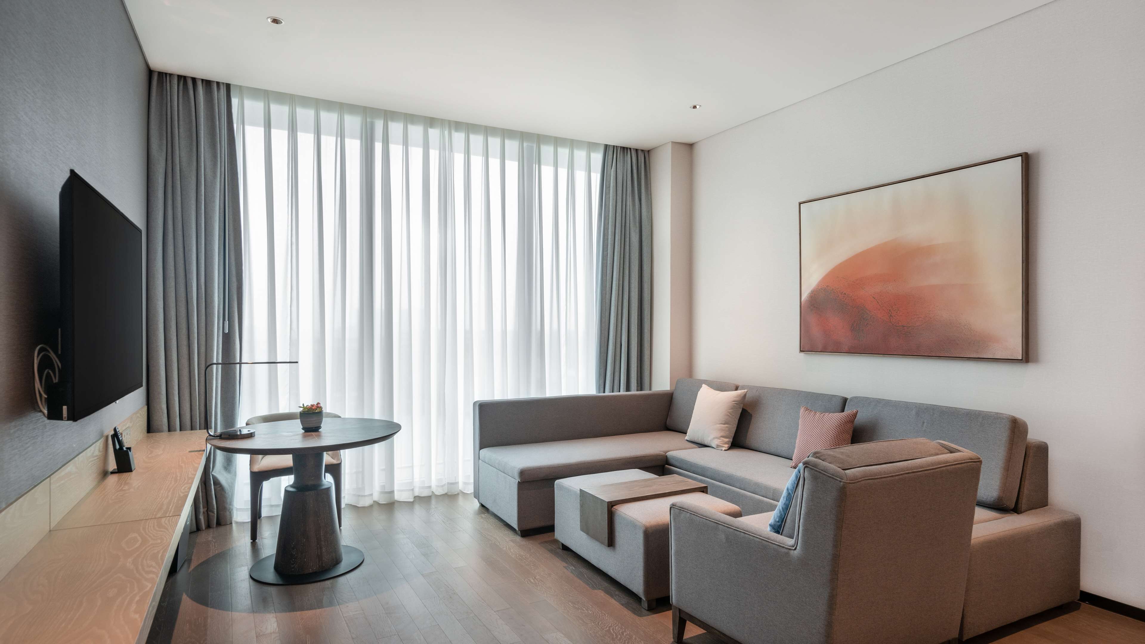 Una sala de estar moderna con un sofá gris, una mesa de centro y un televisor de pantalla plana.