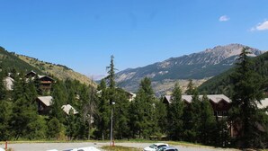 Une région montagneuse où se trouvent plusieurs chalets, entourés d’arbres.