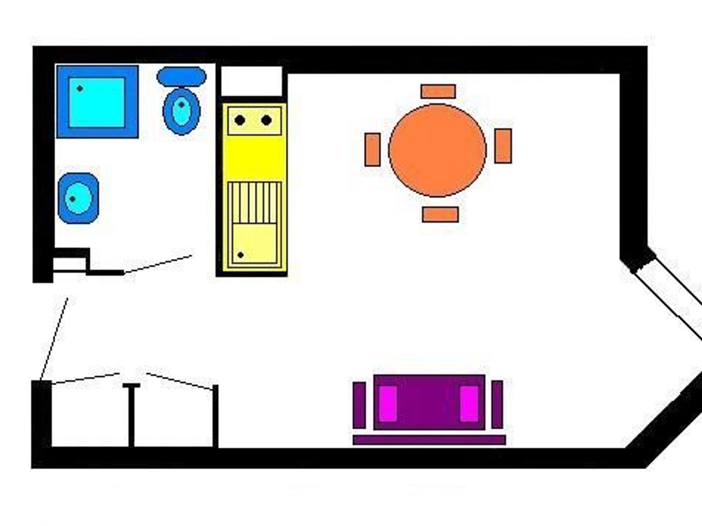 A floor plan with a dining area, a kitchen, a bathroom, and a living room.