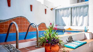 Zona de piscina con una escalera metálica, una planta en maceta con flores y una pared de azulejos con un diseño decorativo.