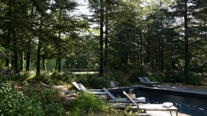 A swimming pool with wooden deck and lounge chairs, surrounded by dense forest. -  Commanderie de Peyrassol (Flassans-sur-Issole)