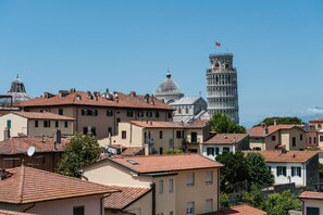 A view of a historic town with traditional buildings and the Leaning Tower of Pisa in the background. - Attico sulla Torre (Pisa)