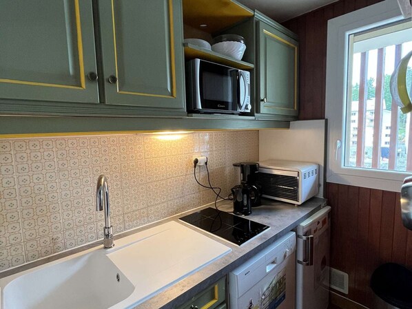 Réfrigérateur, micro-ondes, plaque de cuisson, lave-vaisselle