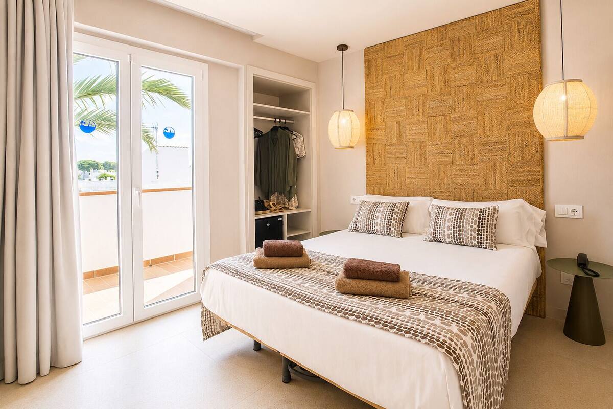 A bedroom with a bed, a wardrobe, a bedside table, and a view of the outside.