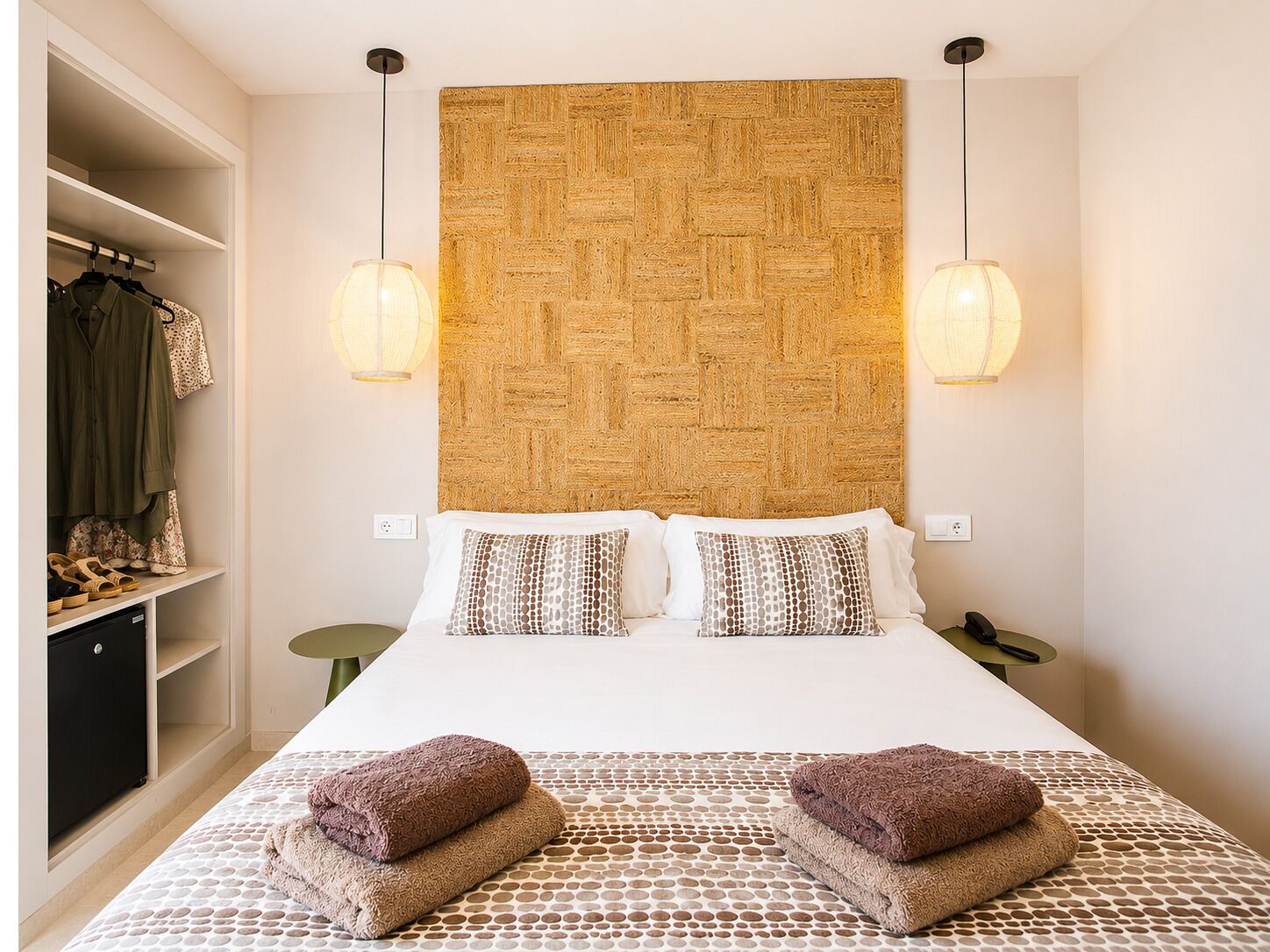 Minibar, escritorio, cortinas opacas y tabla de planchar con plancha