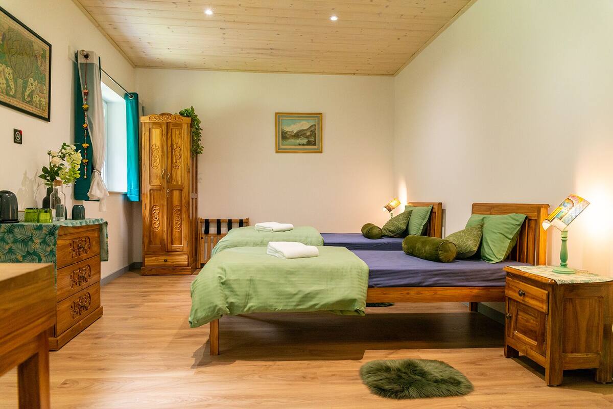 Een slaapkamer met twee bedden, houten meubels, een groen vloerkleed en een schilderij aan de muur.