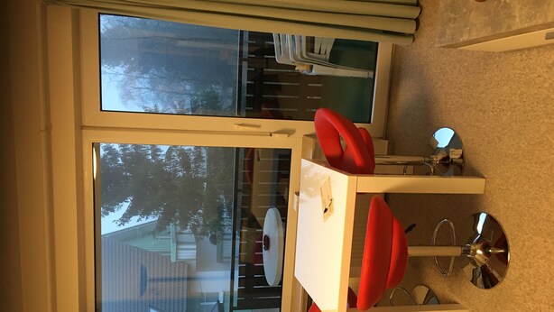 A dining area with a table and chairs, a window with a view of trees and a building, and a carpeted floor. - An der Bobbahn (Winterberg)