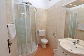 Une salle de bain avec une douche à parois de verre, des toilettes et un lavabo avec un miroir.