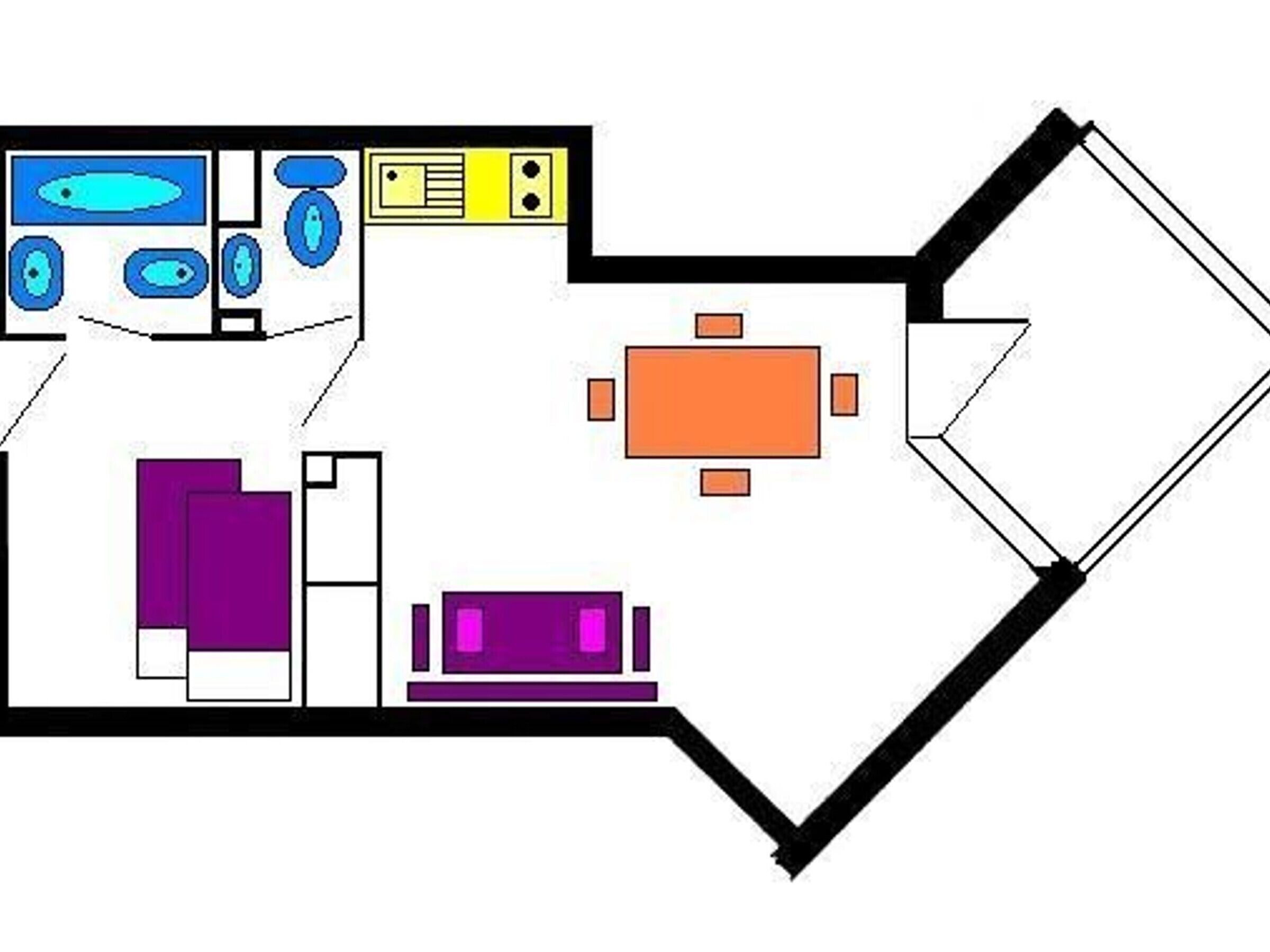 A floor plan with a kitchen, dining area, and two bedrooms.