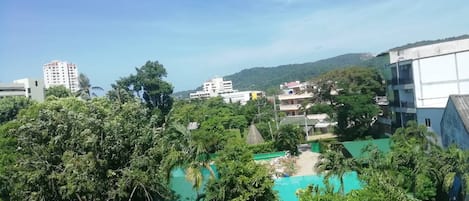 A residential area with a swimming pool surrounded by lush greenery.
