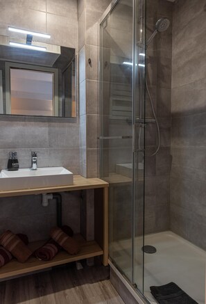 Shower, hair dryer, towels, toilet paper - On the shore of Lake Annecy, Loft-style accommodation in a residence with private beach (Duingt)