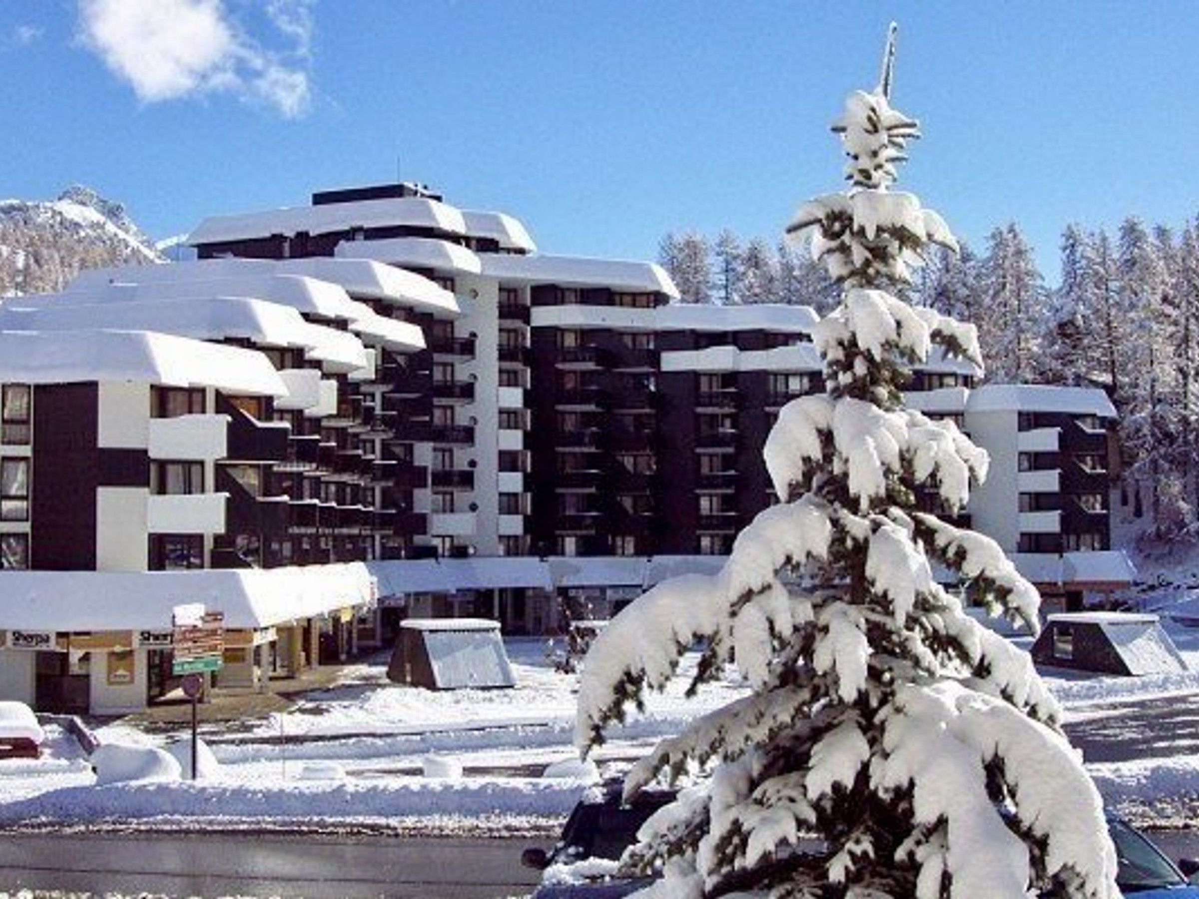 Een meerlaags hotel met een buitenkant bedekt met sneeuw, een parkeerplaats en een met sneeuw beladen boom op de voorgrond.