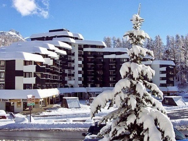A multi-story hotel with a snow-covered exterior, a parking area, and a snow-laden tree in the foreground.