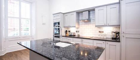 Deluxe Apartment | Private kitchen | Full-size fridge, microwave, oven, stovetop