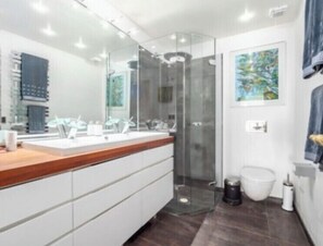 Bathtub, hair dryer, towels, soap
