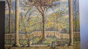 A mural with a tree, fruit bowls, and a cherub. - Il Leoncino (Rome)