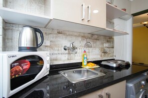 Fridge, microwave, stovetop, electric kettle