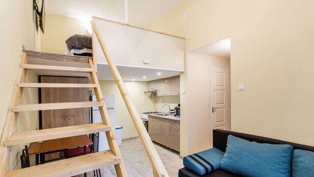 A compact living space with a wooden ladder leading to a loft bedroom, a kitchenette, and a sofa with blue cushions. - Akacfa 57 Apartment II. (Budapest)