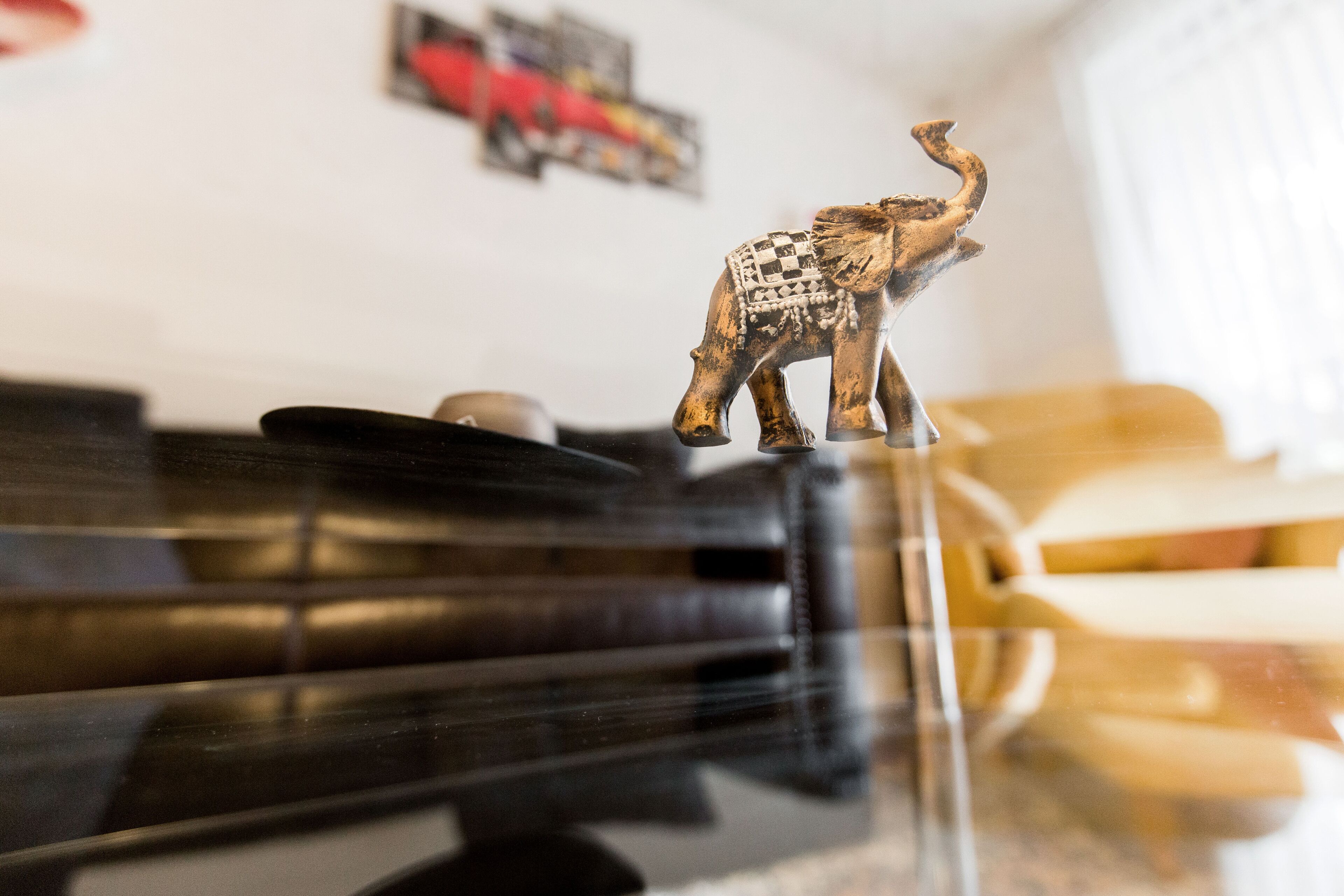 A small elephant figurine on a shelf.