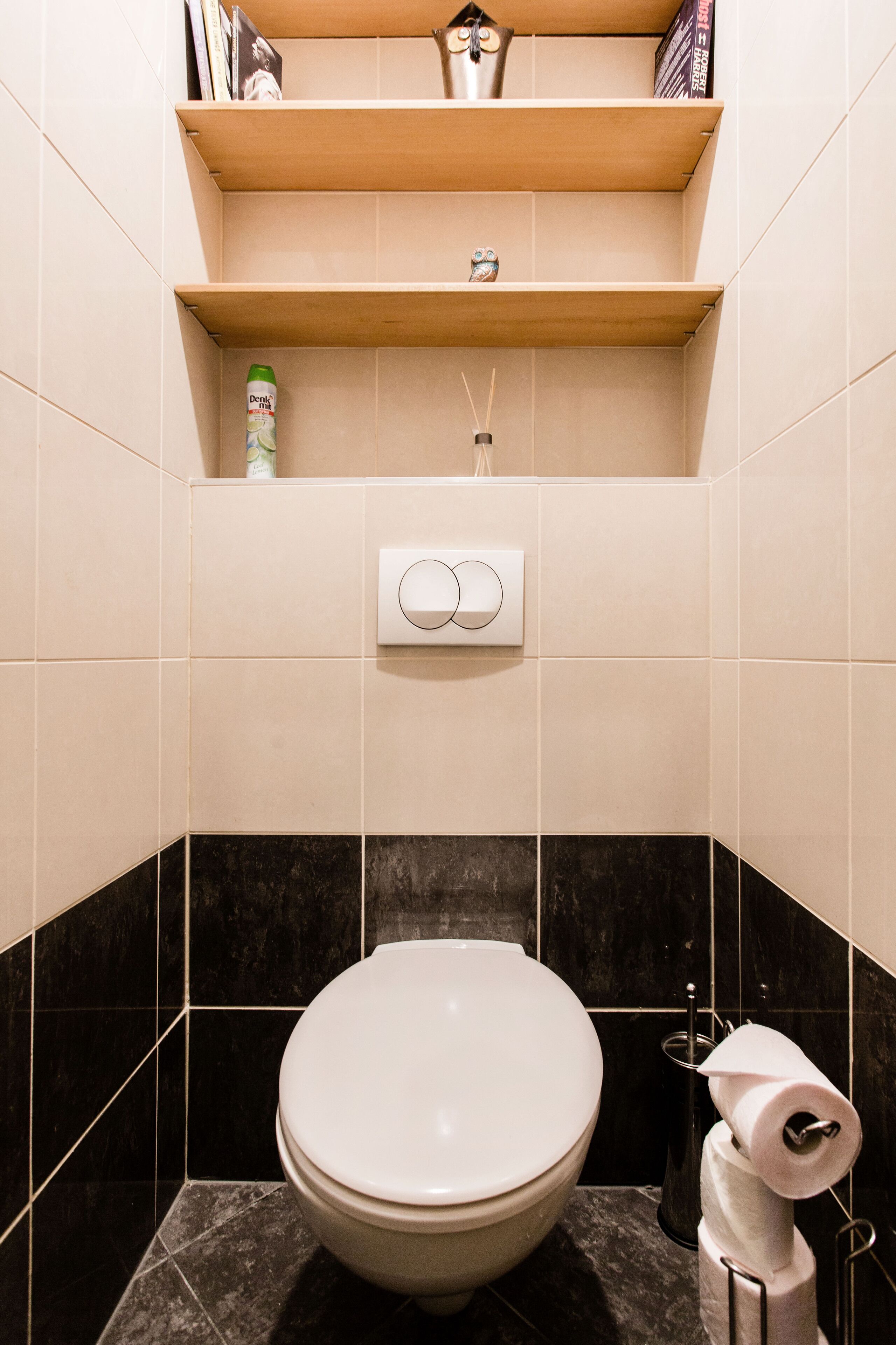 A bathroom with a toilet, a shelf with toiletries, and a towel dispenser.
