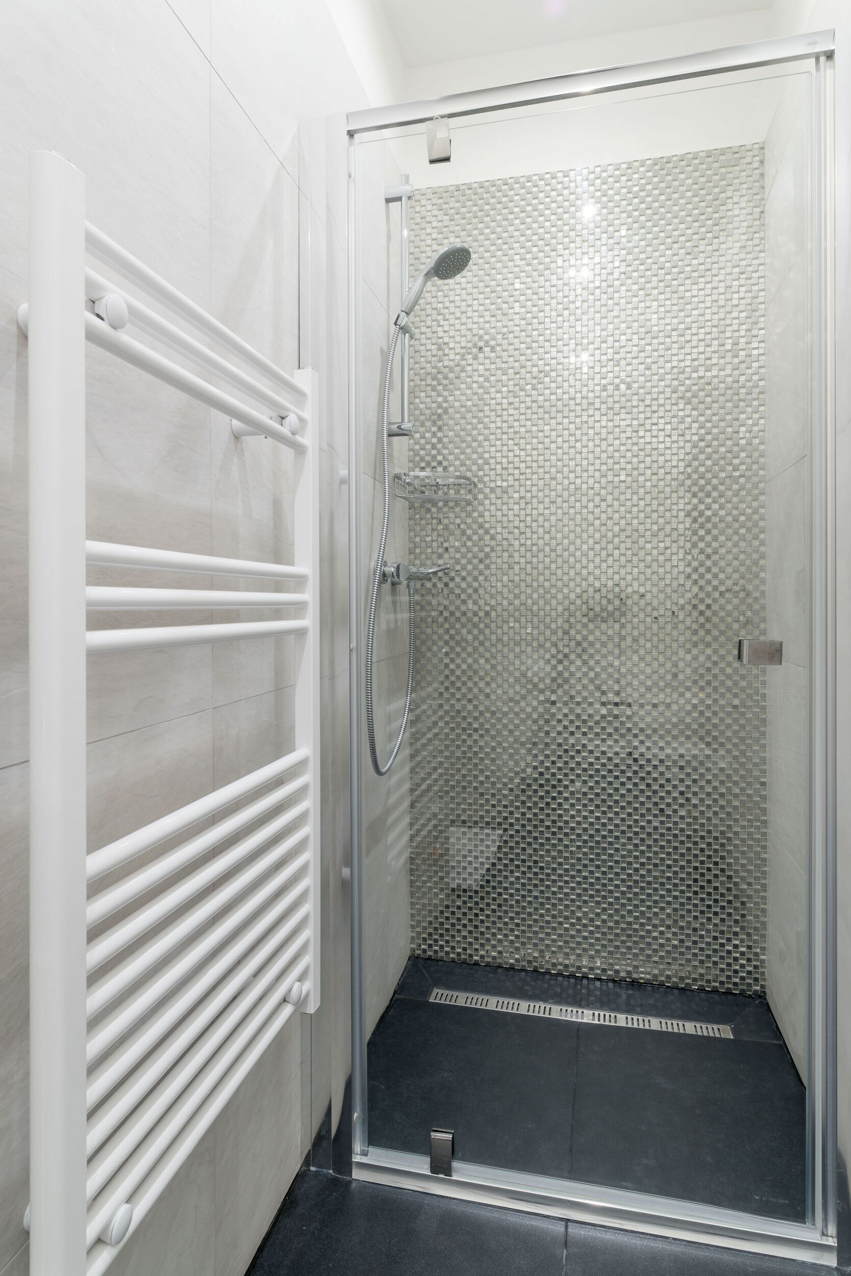 A modern shower with a glass door, a white towel rack, and a tiled floor.