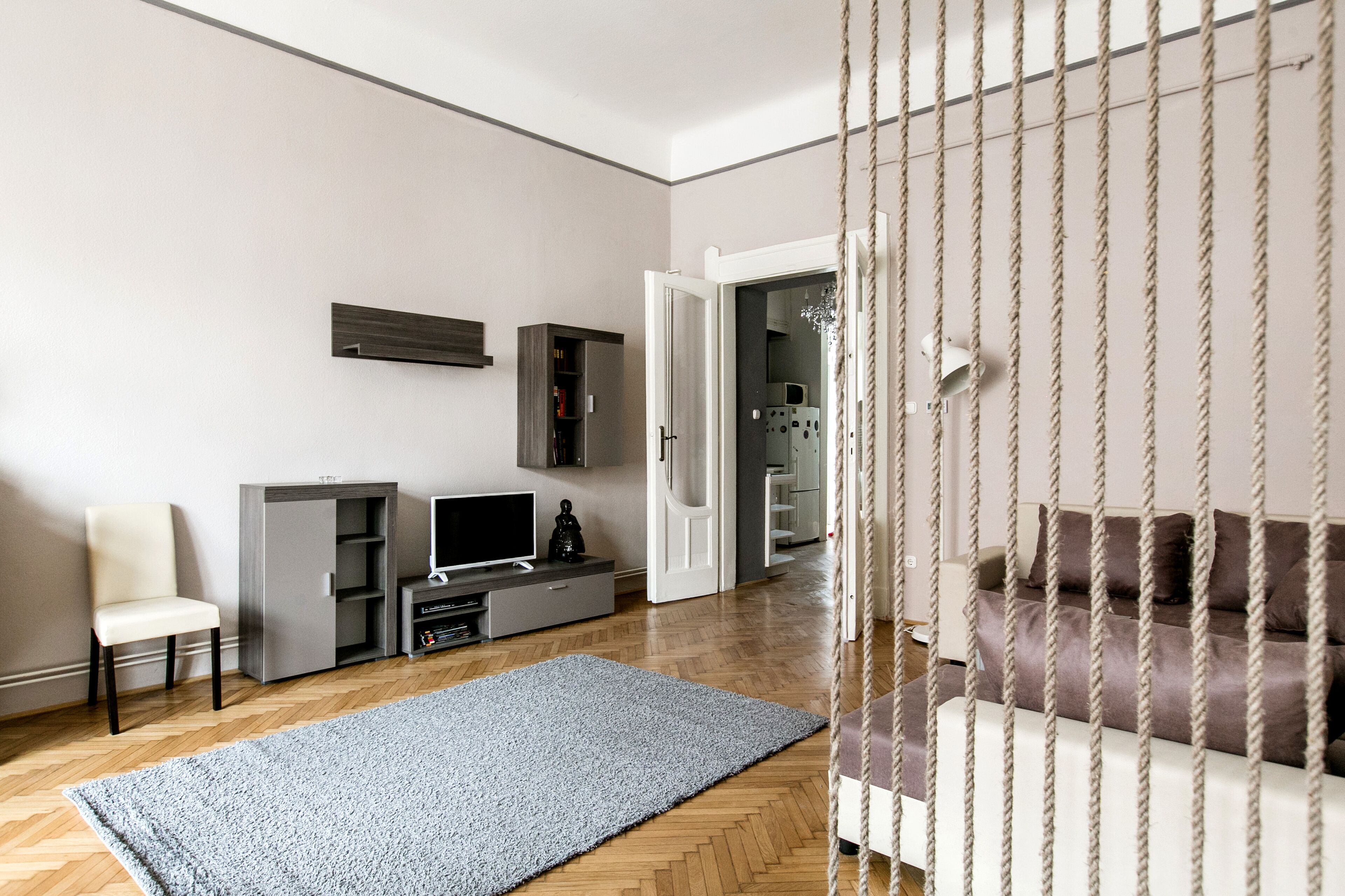A modern living room with a sofa, a TV, a bookshelf, and a swing.